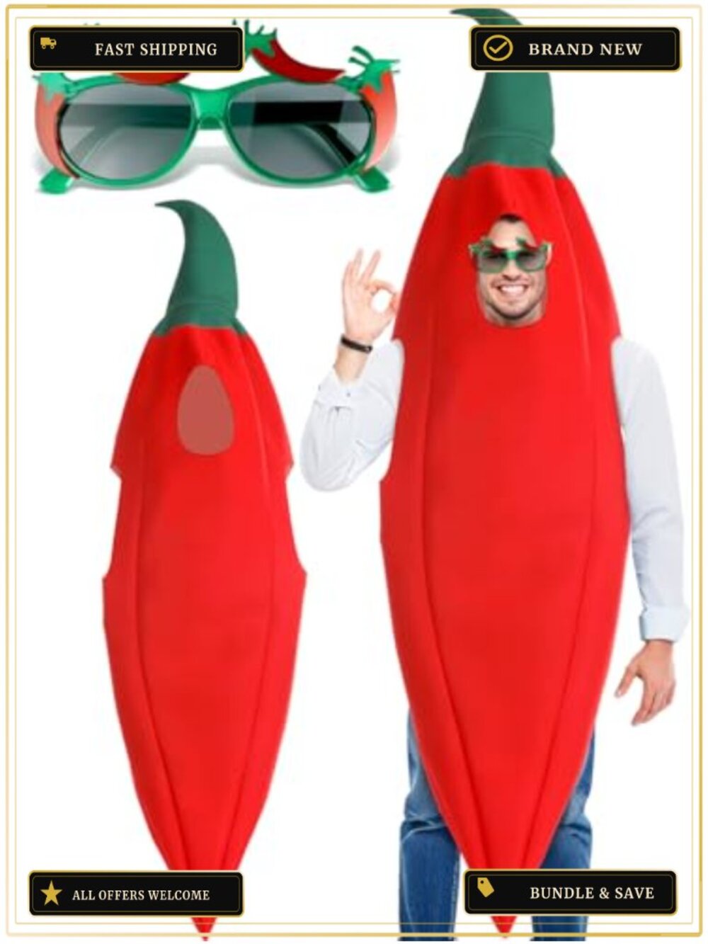 Oversized Chili Pepper Costume Set with Glasses Sponge Adult Halloween Cosplay